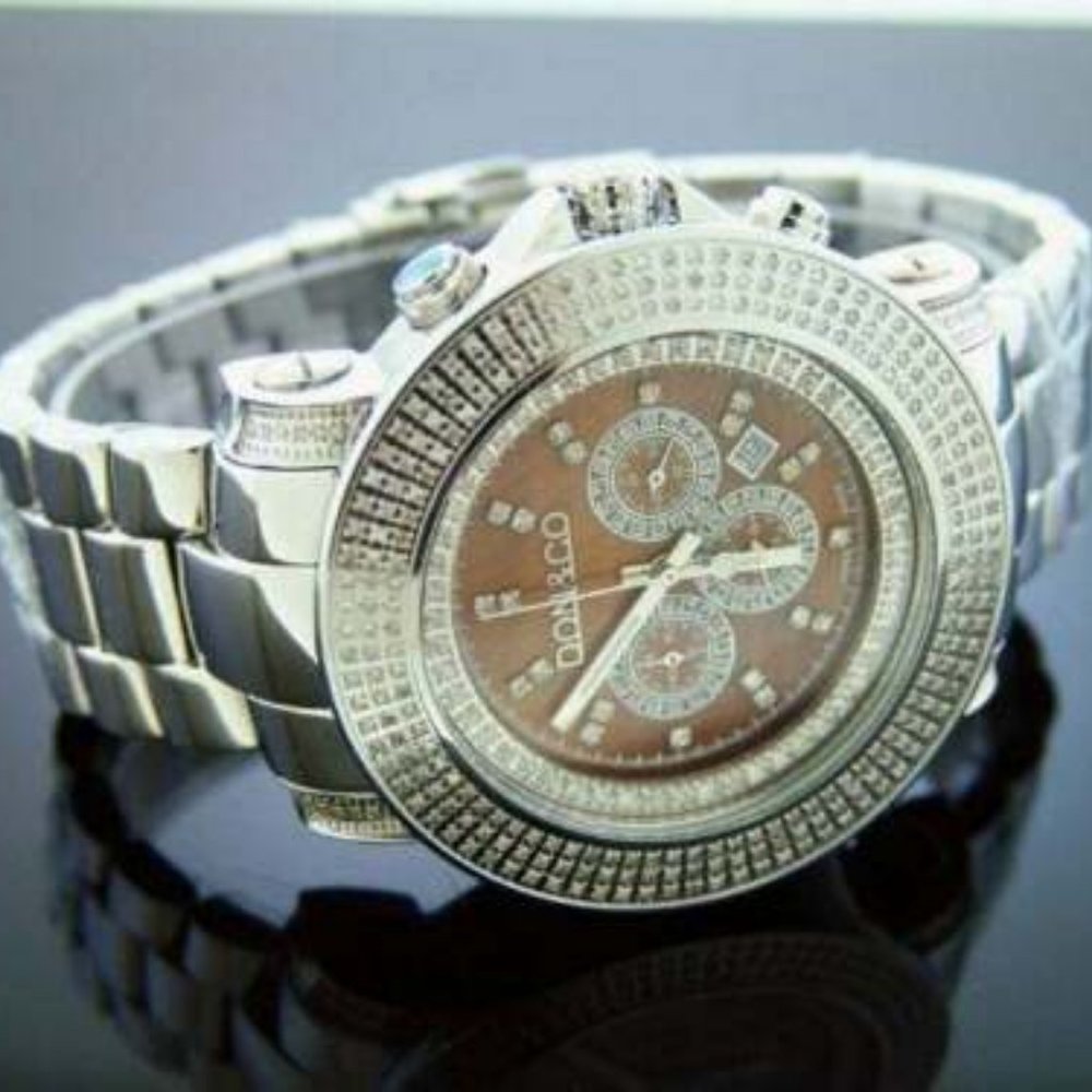 New Don & Co 3.50CT 3 rows large Diamonds 50mm Stainless steel Watch brown face